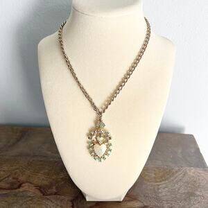 Sacred Heart Pendant Rhinestone Studded Pearlescent Chain Necklace